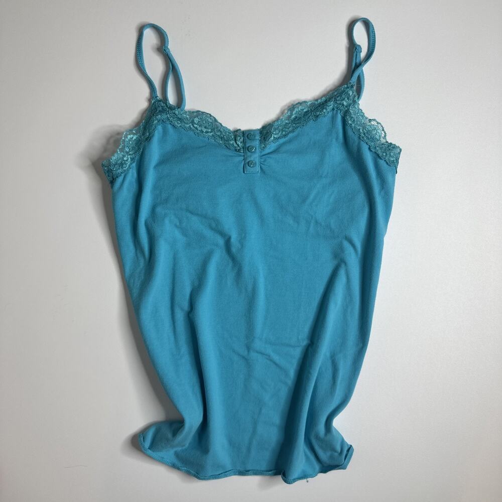 Vtg Faded Glory Teal Lace Trim Cami Tank Top Stretchy Medium Built In Shelf Bra